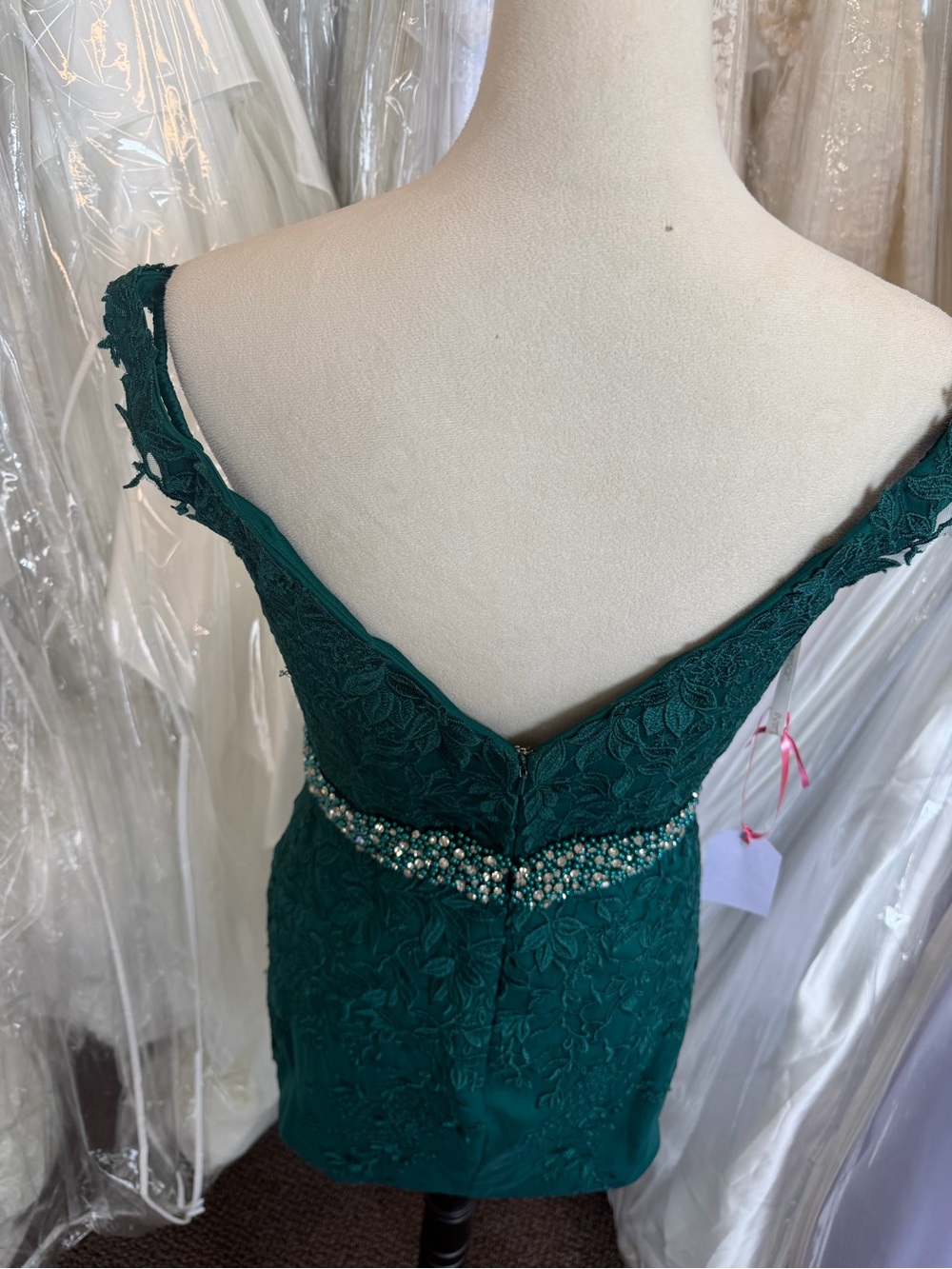 JVN Emerald Lace Off-Shoulder Dress with Beaded Waist - Picture 9 of 11